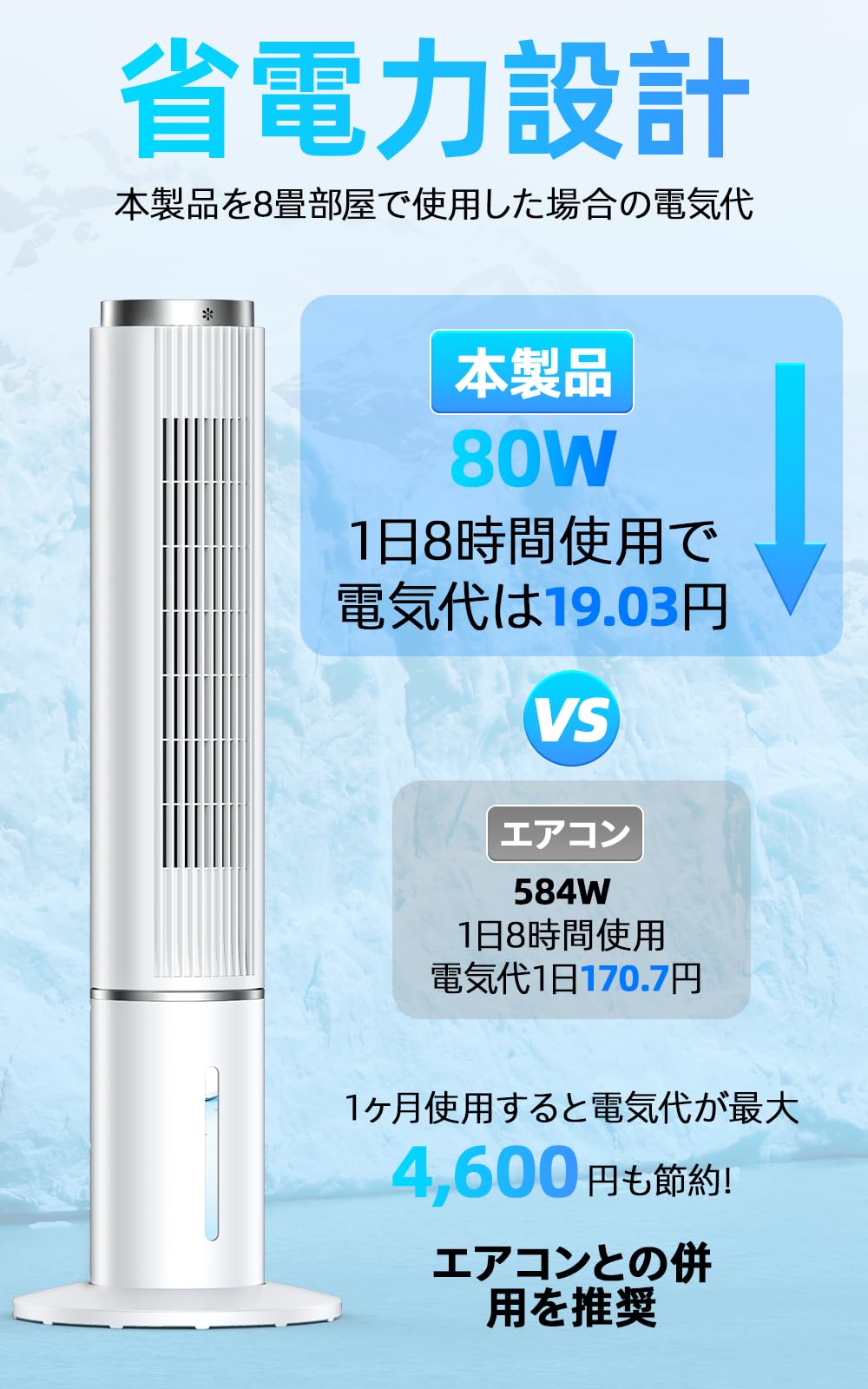 COASTY 冷風機 強力 人気 冷風扇 80W 超省エネタイプ 4L着脱式水タンク 無水警報機能 4つの保冷バッグ クーラー並みに涼しい 12時間タイマー 3段階風量&3つのモード 90°首振り リモコン5m遠隔操作 30dB静音 スポットクーラー 縦型タワーファン 冷風扇風機 冷房 ポータブルエアコンのような冷風機 スリムファン 熱中症対策 工事不要 エアコンが苦手な方 家庭用 12畳 寝室